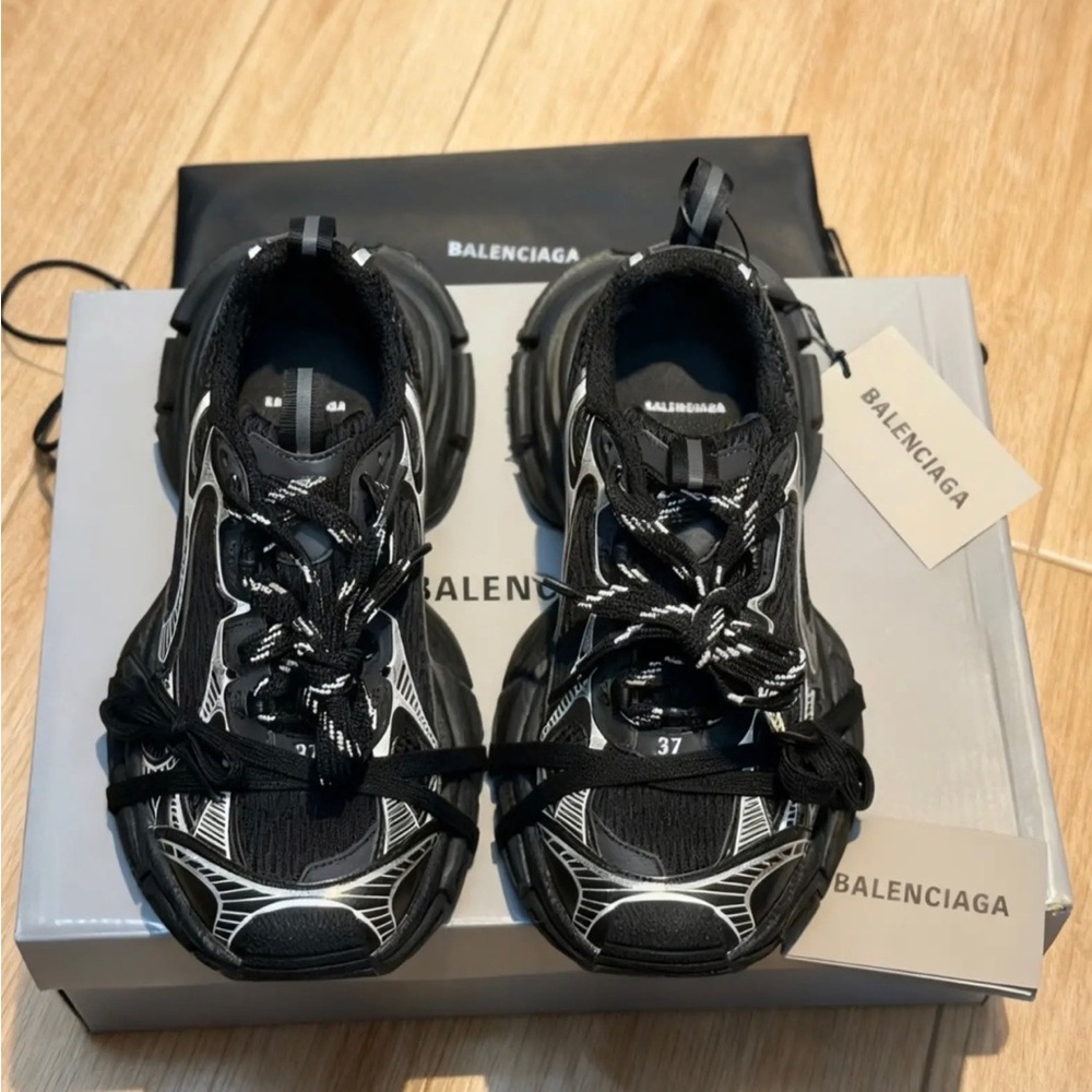 Women's Balenciaga Black Mesh Sneakers with White Graphic Detail & Chunky Sole